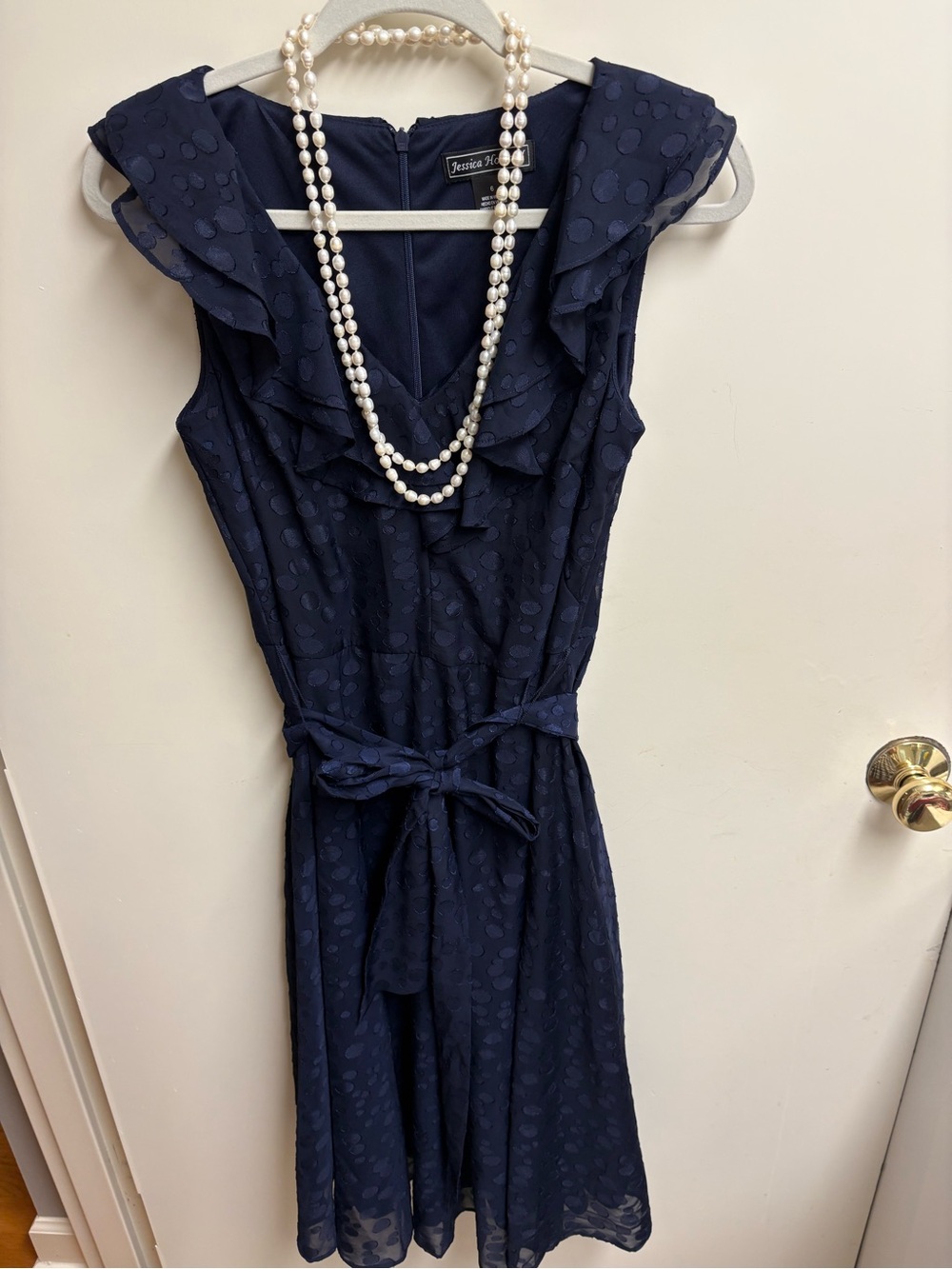 🇺🇸 Elegant Jessica Howard Navy Ruffle Tie-Waist Midi Dress - Picture 12 of 16